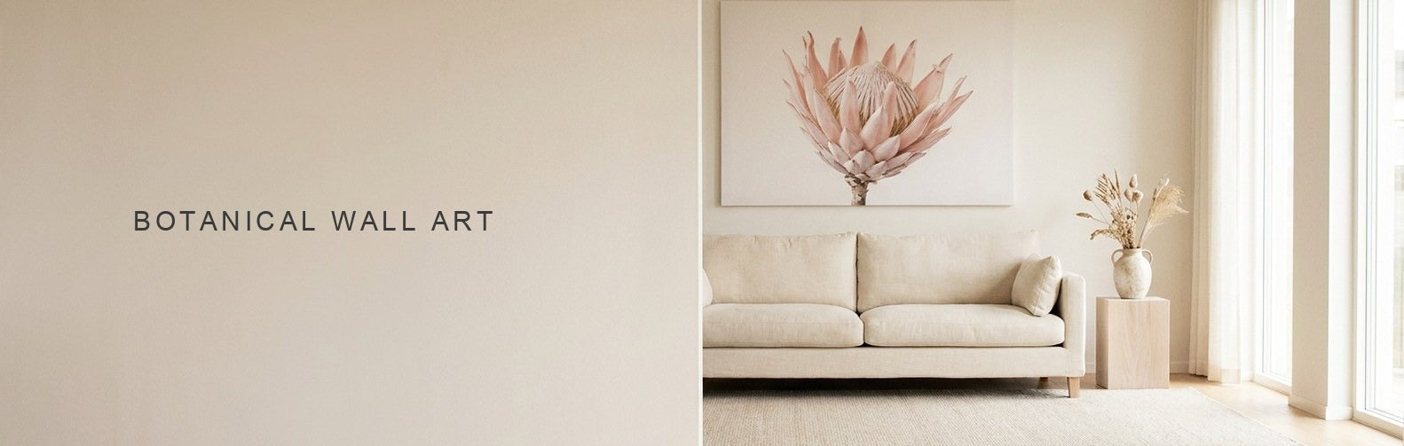 Botanical wall art in a bright living room with a floral canvas print