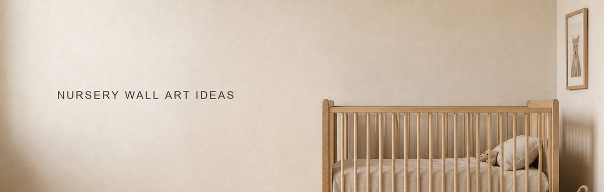 Nursery wall art ideas: a framed print beside a cot with the wall above it left bare