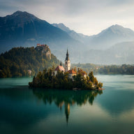 Lake Bled Wall Art canvas print, Lake Bled in Slovenia, the small island church with its spire on emerald water