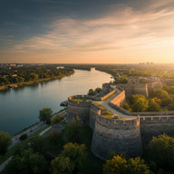 Belgrade Wall Art canvas print, the Kalemegdan fortress walls above the meeting of the Sava and Danube rivers at golden hour