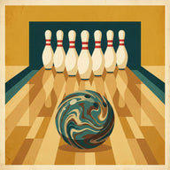 Bowling Wall Art canvas print, ten white bowling pins with red neck stripes arranged in a triangle