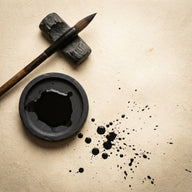 Calligraphy Wall Art canvas print, the calligrapher's desk seen from above, a bamboo brush resting on a carved stone rest