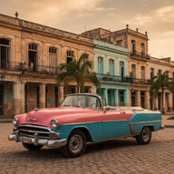 Havana Wall Art canvas print, a pastel nineteen fifties convertible on a street of weathered colonial facades under warm