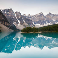 Jasper National Park Wall Art canvas print, Jasper, a long turquoise glacial lake with a small island of pines below sheer