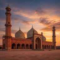 Lahore Wall Art canvas print, the red sandstone Badshahi mosque with its white marble domes and corner minarets at golden