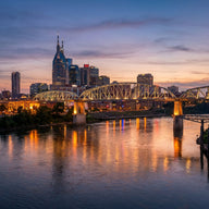 Nashville Wall Art canvas print, the skyline and pedestrian bridge over the Cumberland river at dusk