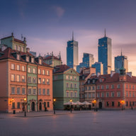 Warsaw Wall Art canvas print, the rebuilt pastel townhouses of the old town square with the modern skyline beyond at dusk