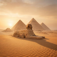 Pyramids Wall Art canvas print, the pyramids of Giza rising from golden desert sand at sunset