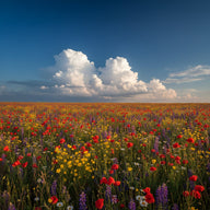 Summer Season Wall Art canvas print, high summer, a field of wildflowers under a deep blue sky with towering white cumulus