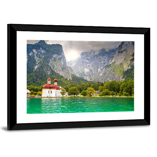 Lake Konigssee with Red Onion-domed Church Canvas Wall Art