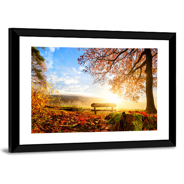 Autumn Sunrise Over Park Bench Canvas Wall Art