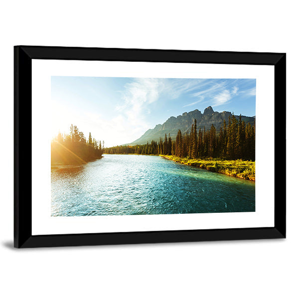 Castle Mountain River Scene Canvas Wall Art