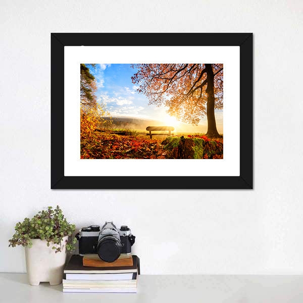 Autumn Sunrise Over Park Bench Canvas Wall Art
