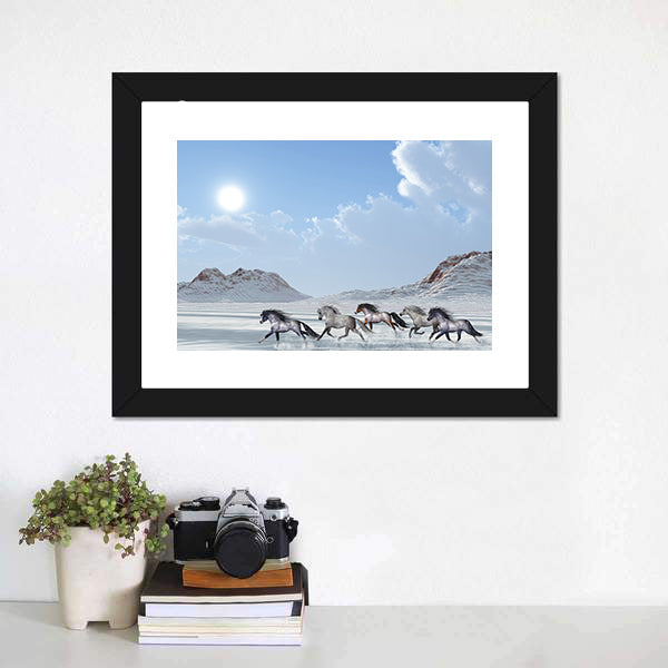 Five Wild Horses Running Through Snow Canvas Wall Art