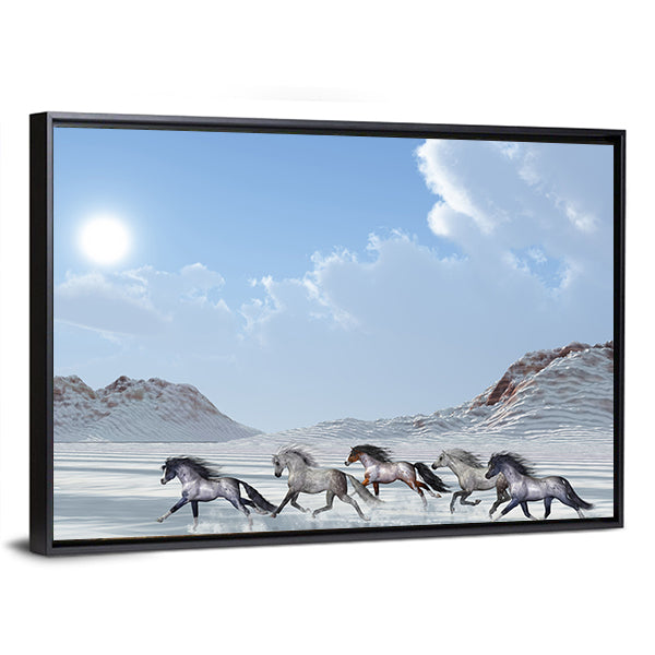 Five Wild Horses Running Through Snow Canvas Wall Art