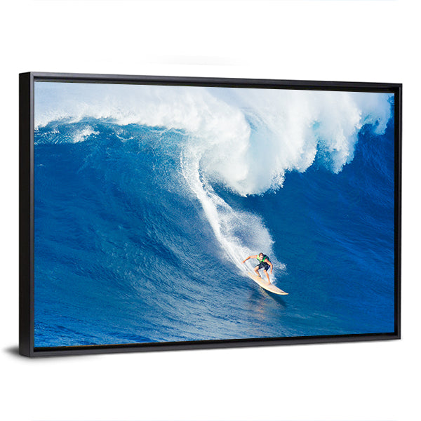 Surfer Carving Blue Wave on Tan Surfboard Canvas Wall Art