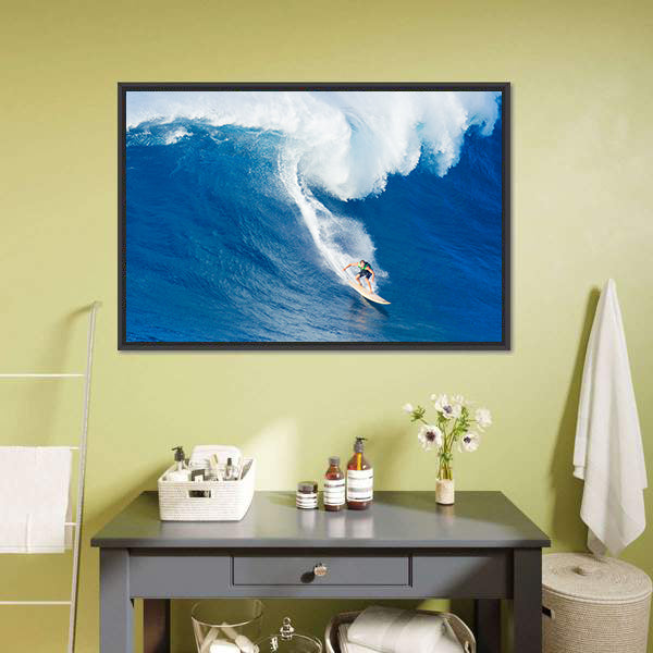 Surfer Carving Blue Wave on Tan Surfboard Canvas Wall Art