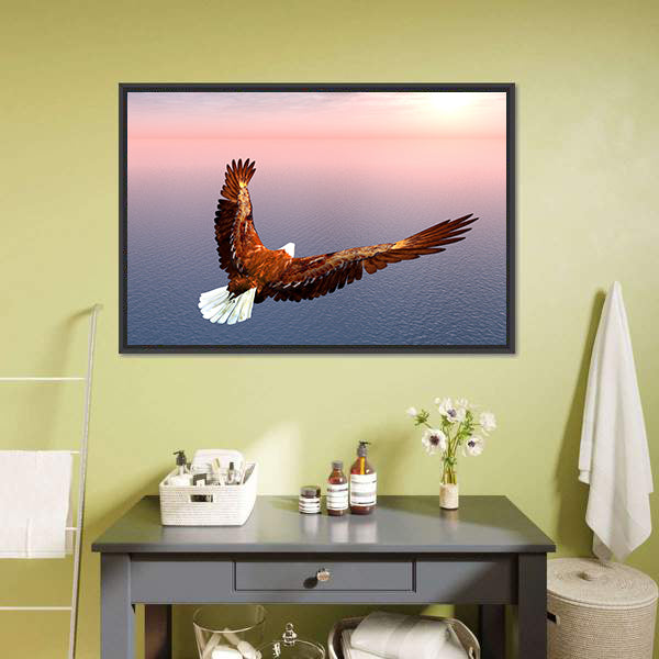 Bald Eagle Over Ocean at Sunset Canvas Wall Art