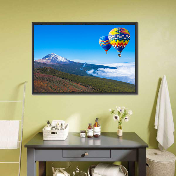 Two Hot Air Balloons Over Snow-capped Mountain Canvas Wall Art