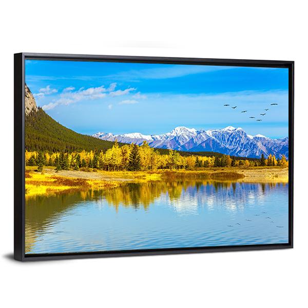 Golden Trees Beside Mountain Lake Canvas Wall Art