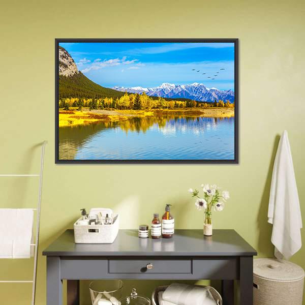 Golden Trees Beside Mountain Lake Canvas Wall Art
