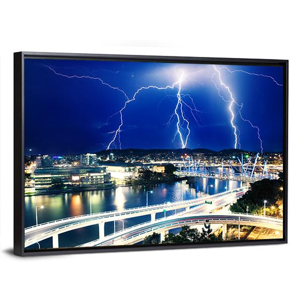Lightning Strikes Over City River Canvas Wall Art