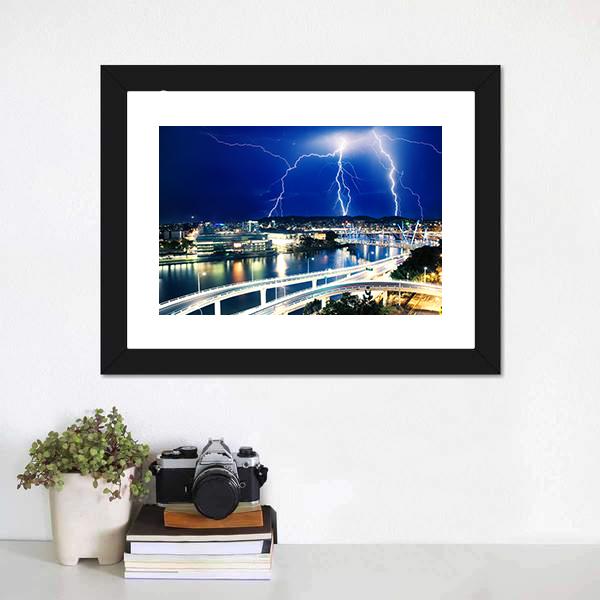 Lightning Strikes Over City River Canvas Wall Art