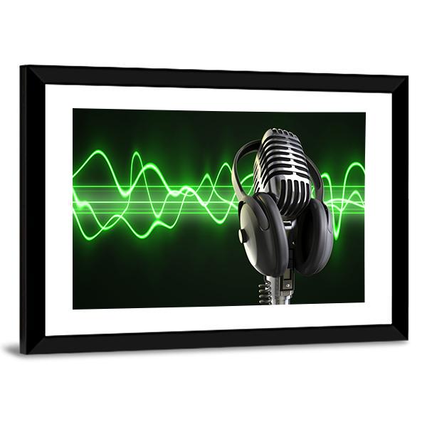 Vintage Microphone with Neon Green Sound Waves Canvas Wall Art