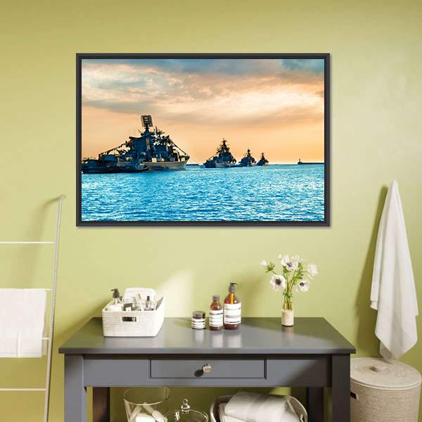 Naval Warships at Sunset Canvas Wall Art