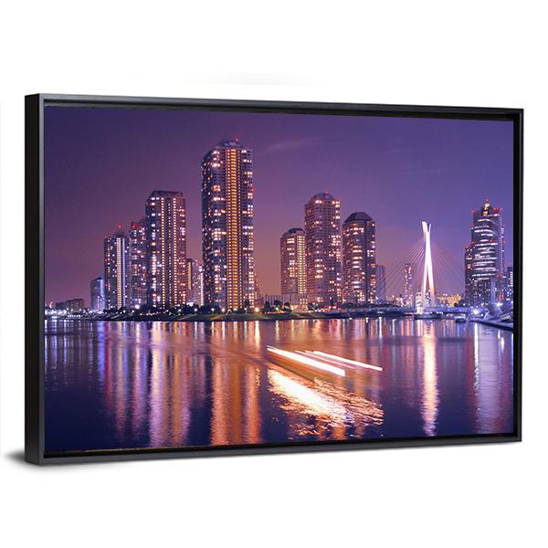 Tokyo Night Skyline with Reflections Canvas Wall Art
