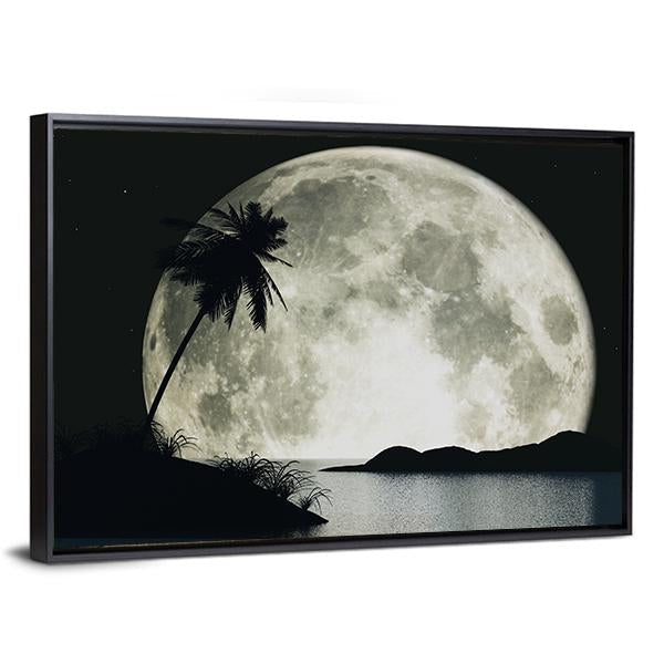 Moonlit Island with Palm Silhouette Canvas Wall Art