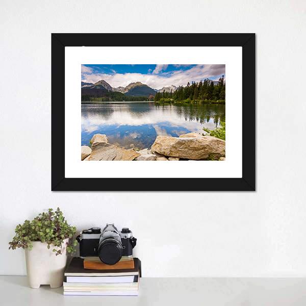 Mountain Lake Reflection with Boulders Canvas Wall Art