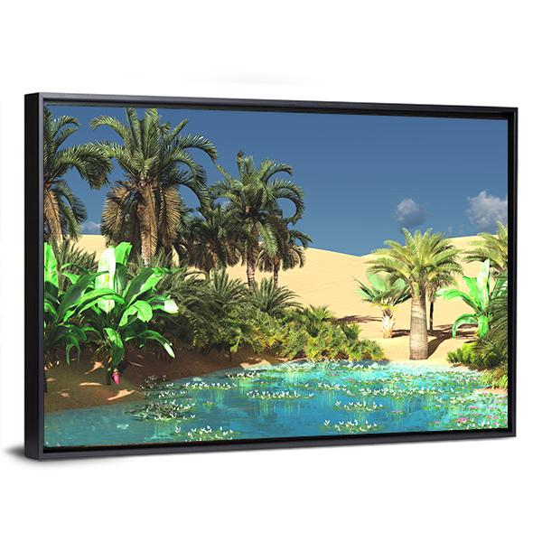 Tropical Oasis with Palm Trees and Lily Pads Canvas Wall Art