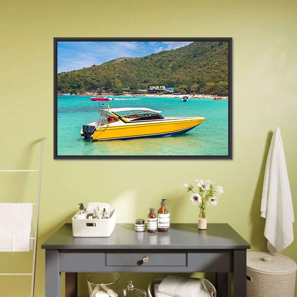 Yellow Speedboat in Turquoise Bay Canvas Wall Art