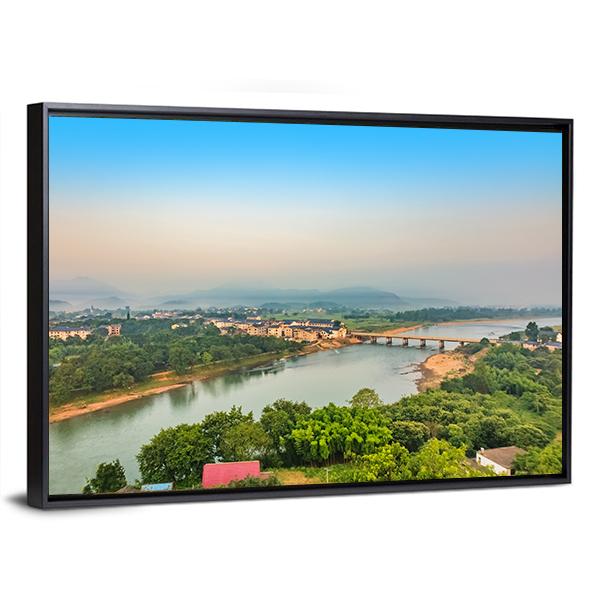 Bridge Over Winding River at Dawn Canvas Wall Art