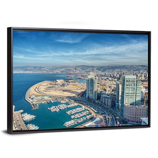 Coastal City Skyline with Marina and Mountains Canvas Wall Art