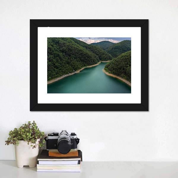 Drone View of Turquoise Mountain Lake Canvas Wall Art
