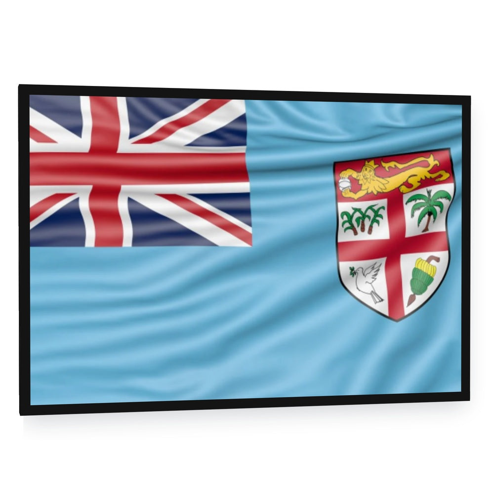 Fiji Flag with Union Jack and Coat of Arms Canvas Wall Art - single panel framed canvas in a black floating frame