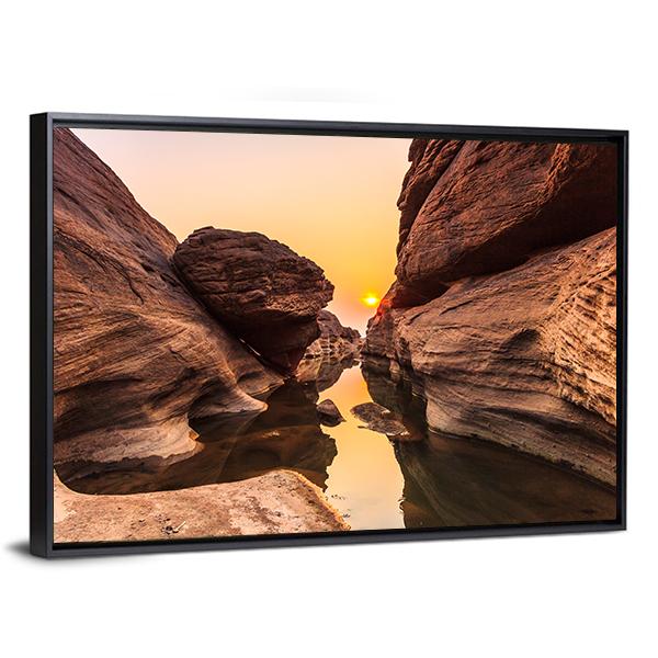 Golden Hour Canyon with Balanced Boulder Canvas Wall Art