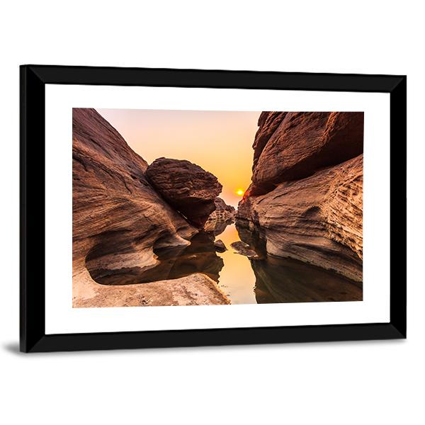 Golden Hour Canyon with Balanced Boulder Canvas Wall Art