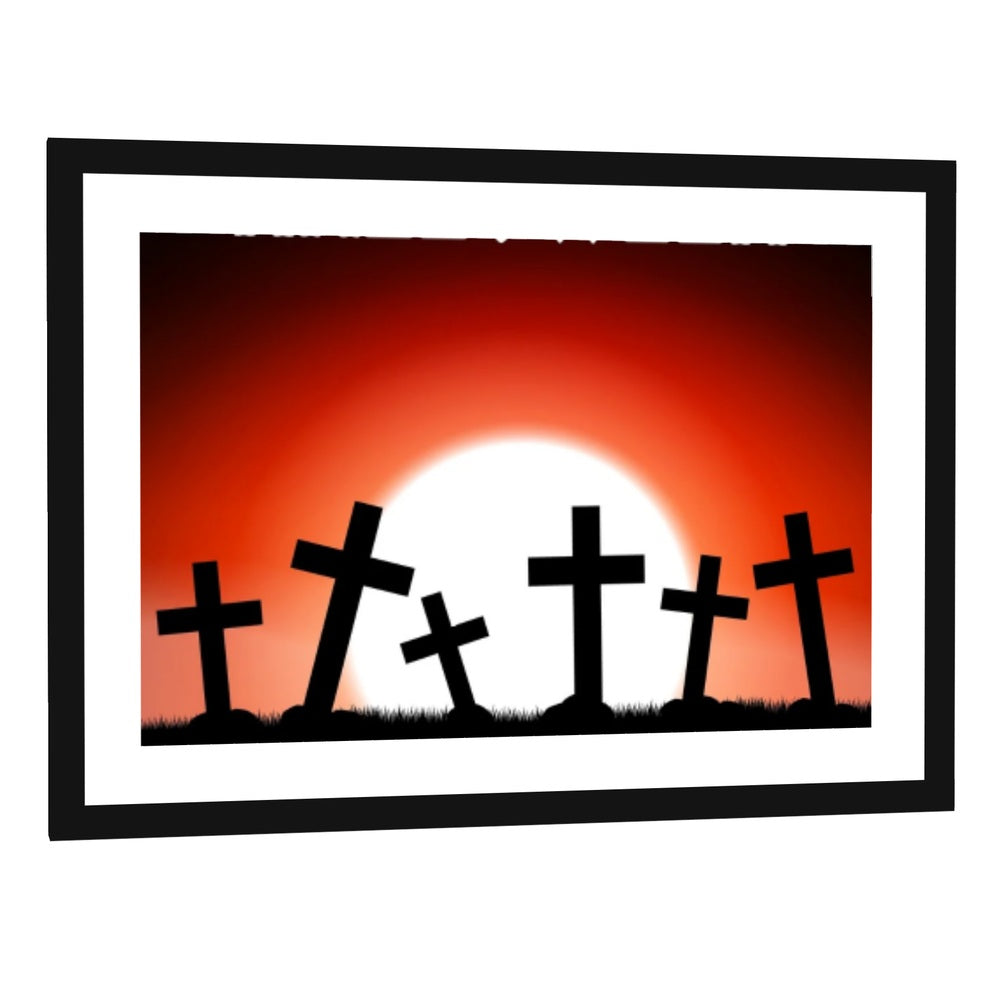 Halloween Graveyard Silhouette with Red Sky Canvas Wall Art - single panel framed print with white mat in a black frame