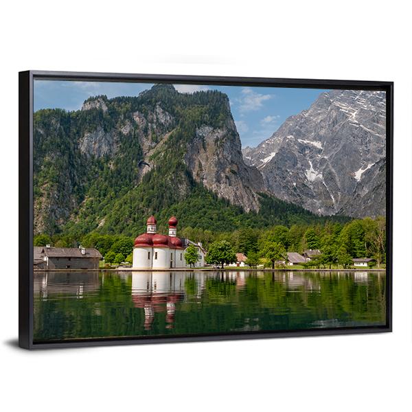 Konigssee Church and Alpine Lake Reflection Canvas Wall Art