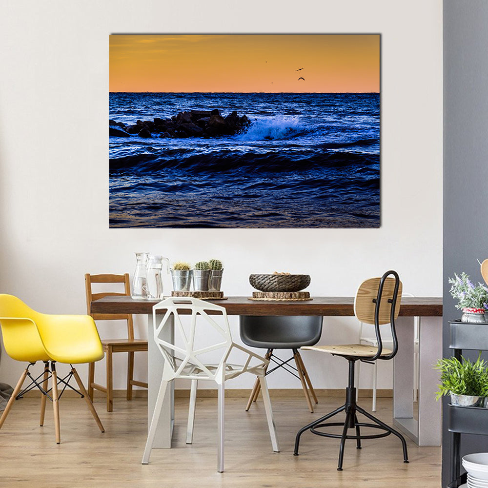 Blue Ocean Waves at Sunset Canvas Wall Art