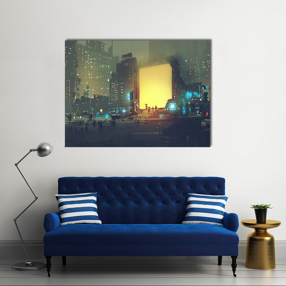 Rain-soaked Futuristic Cityscape Canvas Wall Art
