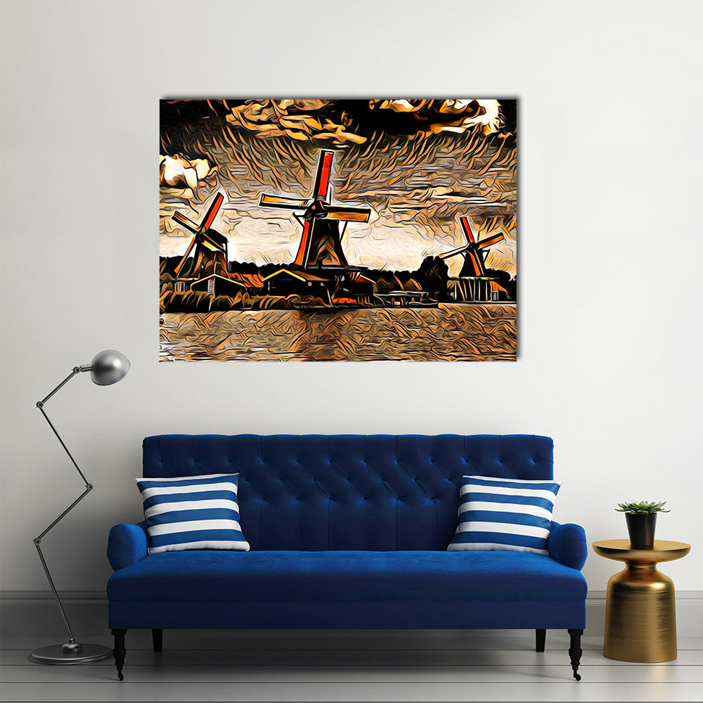 Three Vintage Windmills at Sunset Canvas Wall Art