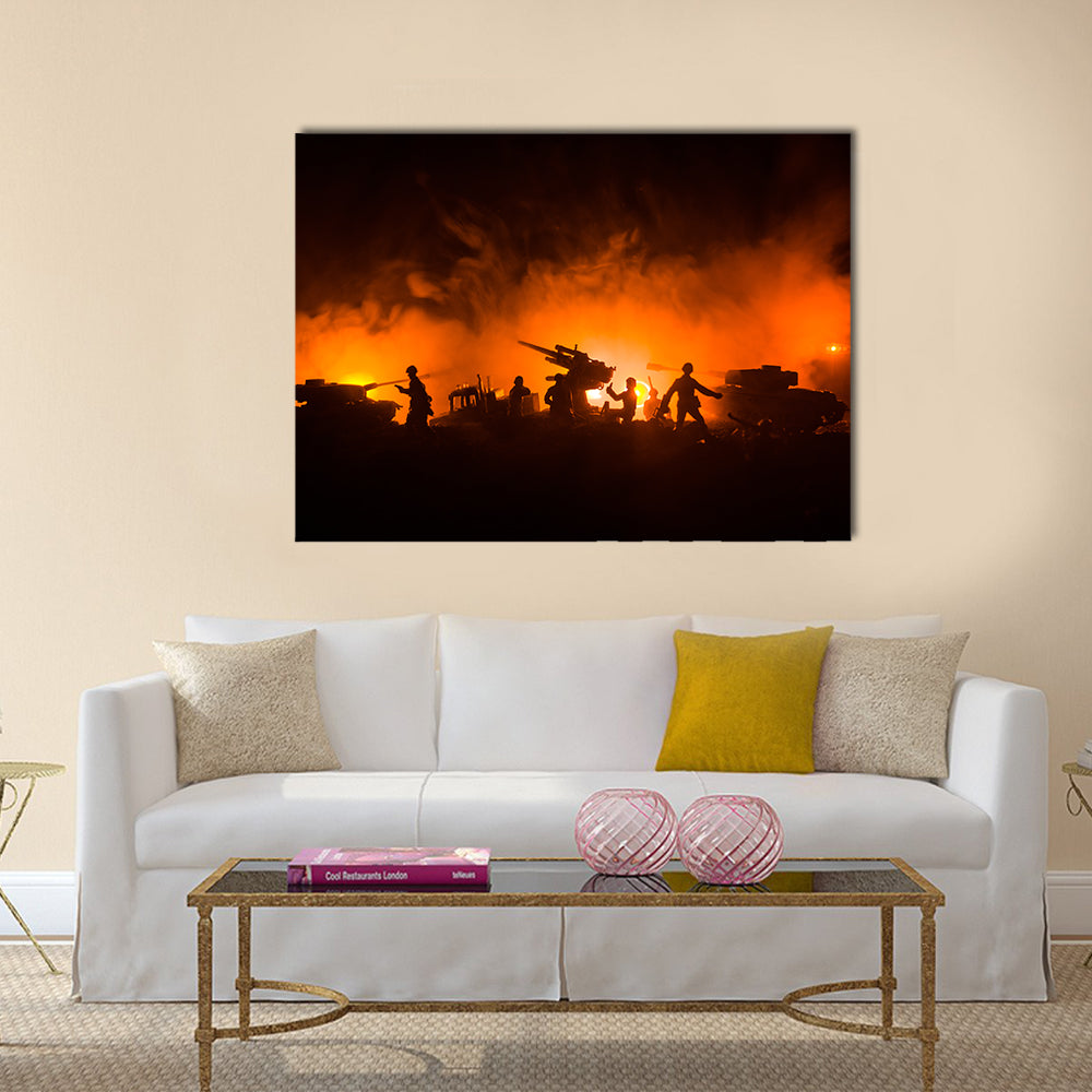 Soldier Silhouettes with Tanks and Anti-aircraft Canvas Wall Art