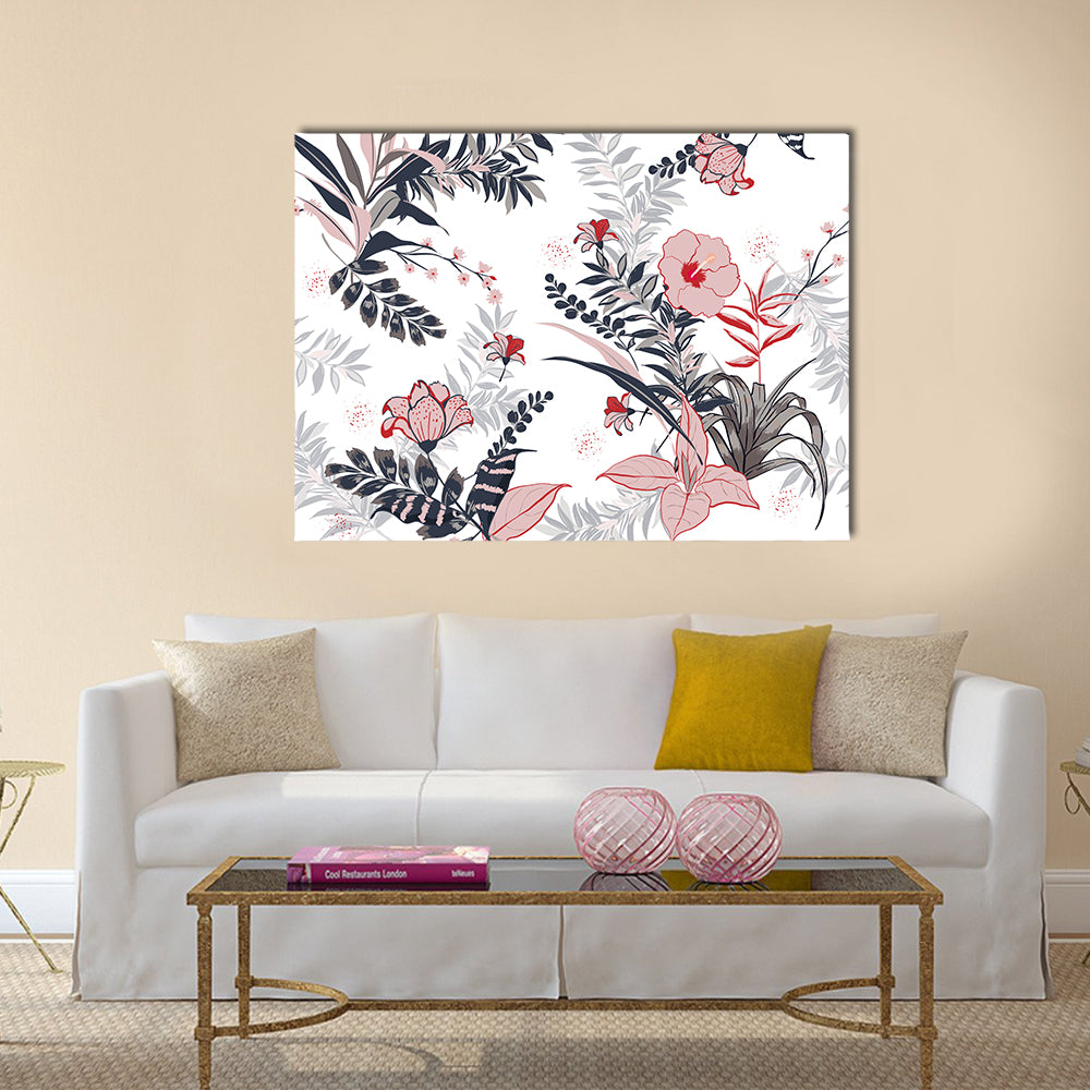 Hibiscus and Tropical Leaves Pattern Canvas Wall Art