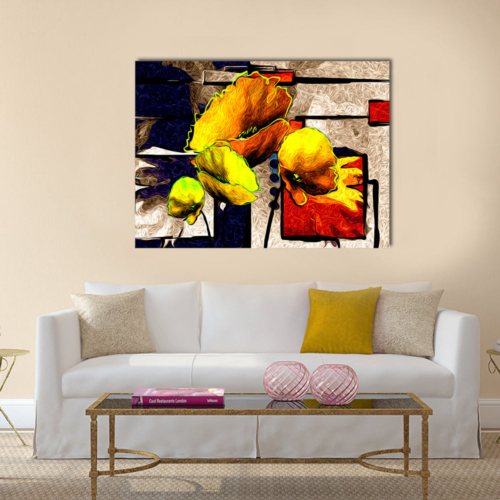 Yellow Poppy Abstract with Geometric Background Canvas Wall Art