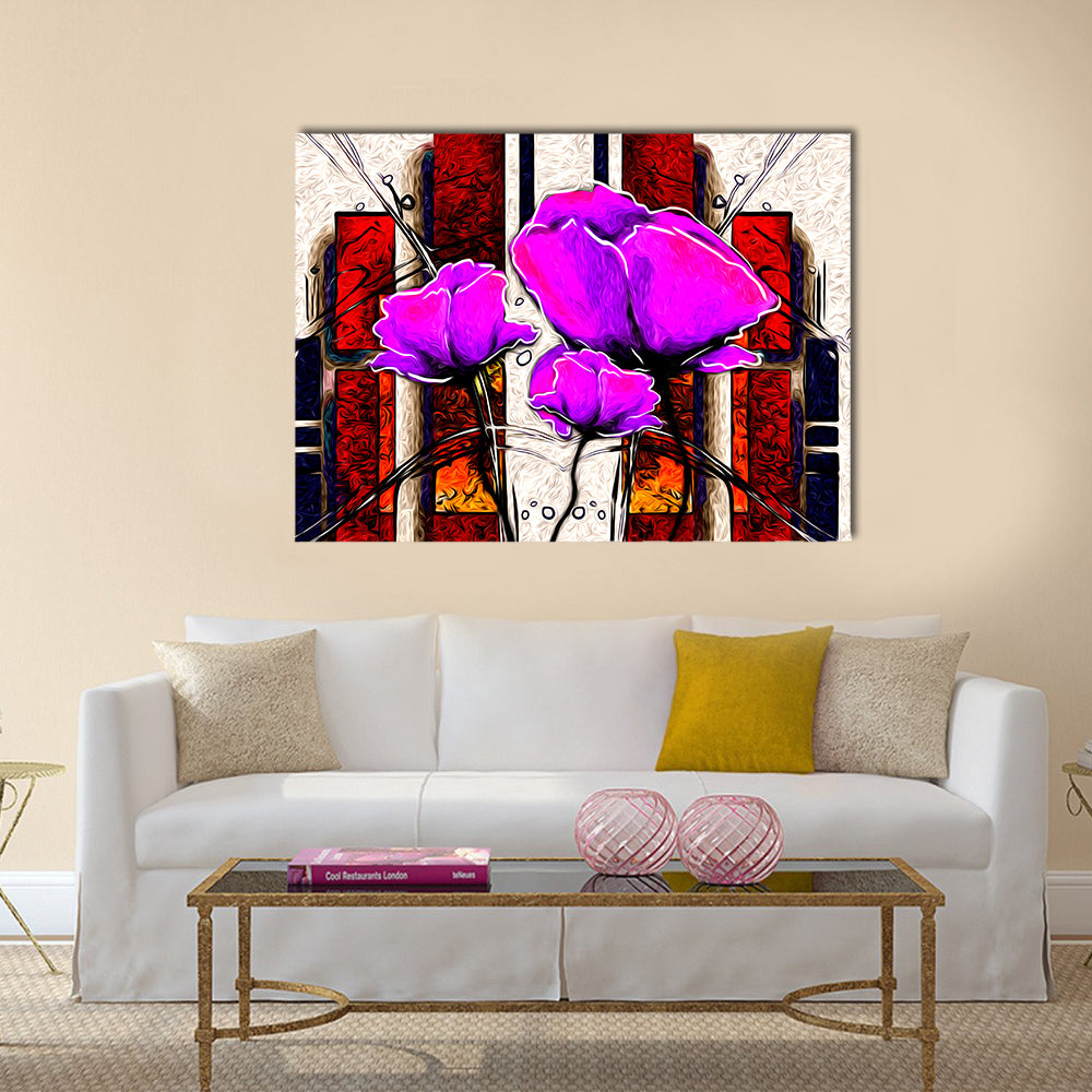 Oil Painted Purple Poppies with Geometric Background Canvas Wall Art