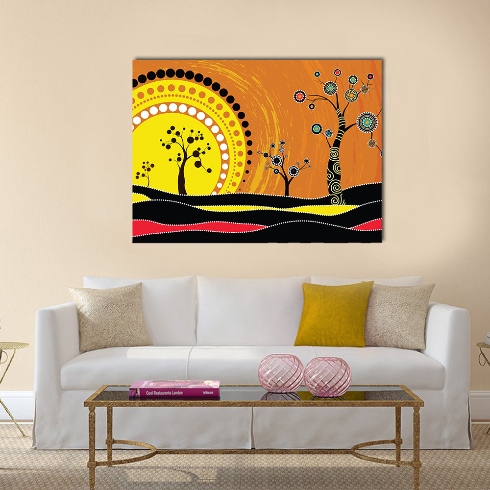 Aboriginal-style Sunset on Rolling Hills Canvas Wall Art